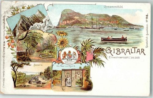 Gibraltar Gebrauchsspuren Signalstation Batterie Geschütze Tor von Karl V. Lithographie