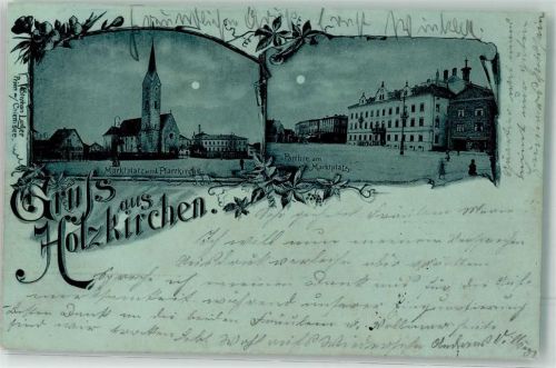 83607 W8150 Holzkirchen , Oberbay Lithographie / Mondschein Marktplatz Pfarrkirche