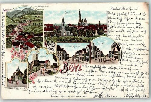 77815 W7580 Bühl , Baden 1898 Lithographie Ober Bühlertal Yburg Friedhof Kapelle Hauptstraße Oberstadt