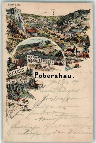 Pobershau Postgebäude Blauer Stein Litho