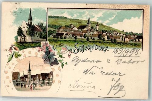 Schwandorf 1898 Kreuzberg-Kirche Marktplatz Lithograohie