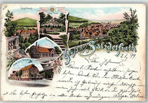 31162 W3202 Bad Salzdetfurth 1899 Lithographie Badehaus Hotel zum Kronprinzen Logierhaus Villa Thiele