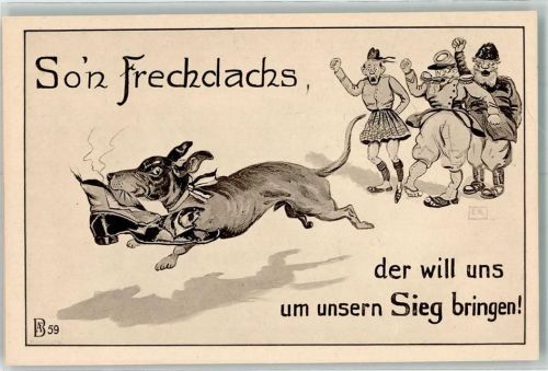 So'n Frechdachs Deutscher Dackel klaut französischem Soldaten den Stiefel unter dem Geschimpfe der Alliierten Propaganda