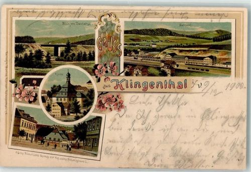 08248 O9650 Klingenthal 1900 Lithographie Zwotatal Bahnhof Marktplatz