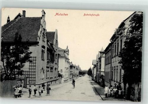 Leisnig 1915 Mutschen Bahnhofstraße Kinder Radfahrer Ort lt. Stempel