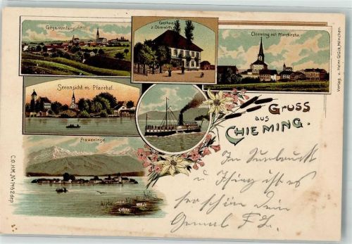 Chieming 1901 Gasthaus Zum Oberwirth Pfarrkirche Pfarrhof Raddampfer Fraueninsel
