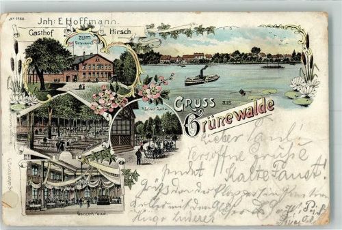 Grünewalde 1900 Gasthaus Hirsch Garten Konzertsaal Seerosen Lithographie