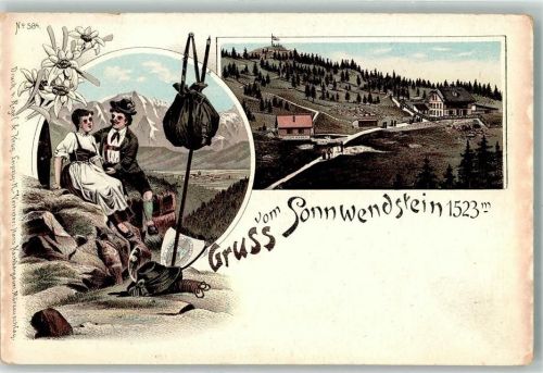 Sonnwendstein Lithographie Trachtenpaar Edelweiß
