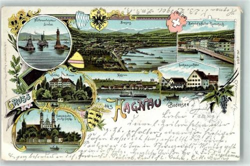 88709 W7759 Hagnau am Bodensee 1901 Gebrauchsspuren Hafeneinfahrt Lindau Schloß Mainau Gasthaus zum Adler Lithographie