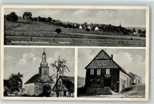 36399 W6494 Nieder-Moos - Gemischtwaren Blum Ev. Kirche Bahnpost Frankfurt