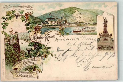 Assmannshausen 1897 Rhein Burg Rheinstein Niederwalddenkmal Verse Bahnpost Frankfurt-Koblenz Zg. 121