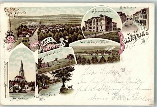 21614 W2150 Buxtehude 1897 Lithographie Am Moortor An der Este Kgl. Baugewerk-Schule Breite Straße