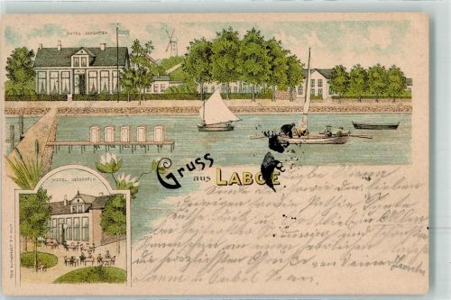24235 W2304 Laboe 1897 Gebrauchsspuren Hotel Seegarten Windmühle Lithographie