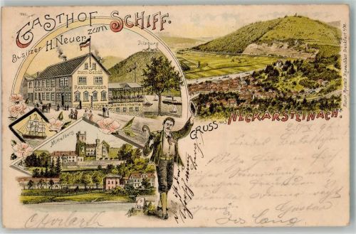 69239 W6918 Neckarsteinach 1896 Lithographie Gasthaus zum Schiff Mittelburg