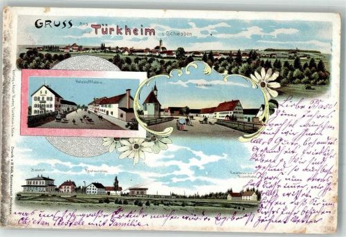 Türkheim 1899 Lithographie Bahnhof Gasthaus zur Eisenbahn Holzstofffabrik Zollhaus