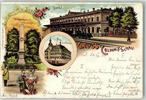 08451 O9630 Crimmitschau 1901 Gebrauchsspuren Rathaus Kriegerdenkmal Bahnhof Lithographie # beschnitten