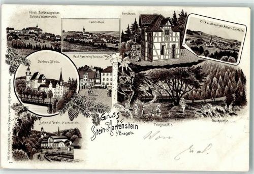 08118 O9509 Hartenstein b Zwickau Lithographie Prinzenhöhle Zwerge Schloß Stein Forsthaus
