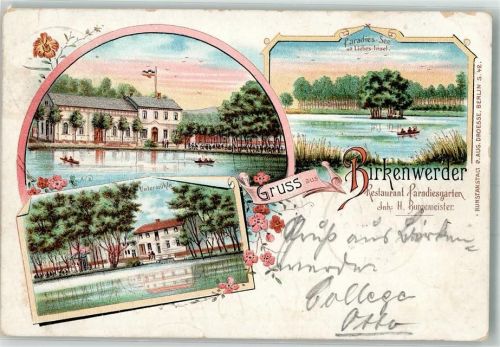 16547 O1403 Birkenwerder 1898 Lithographie Gasthaus Paradiesgarten Paradiessee Liebes-Insel Untermühle