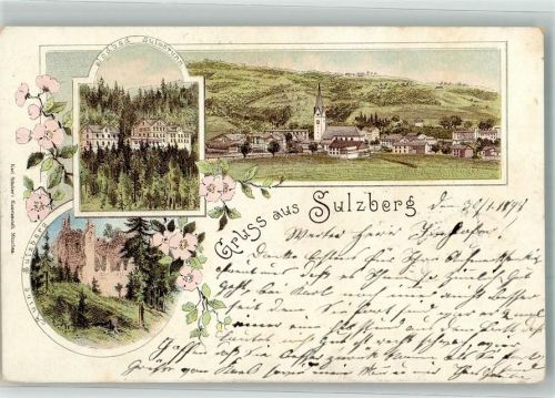 87477 W8961 Sulzberg , Allgäu 1898 Lithographie Jodbad Sulzbrunn Ruine Sulzberg