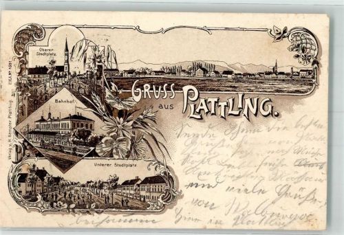 94447 W8350 Plattling 1900 Gebrauchsspuren Oberer Stadtplatz Bahnhof Unterer Stadtplatz Lithographie