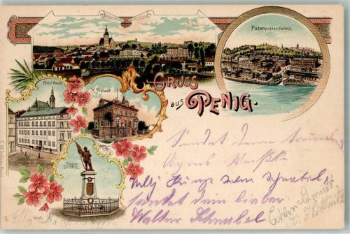 Penig 1902 Patentpapier-Fabrik Siegesdenkmal Hotel Hirsch Kaiserl. Postamt