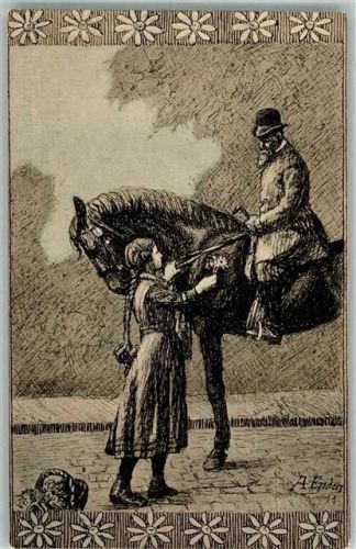 Plauen 1911 sign. A. Enders Jugendfürsorge Pferd und Reiter Mädchen verteilt Blüten