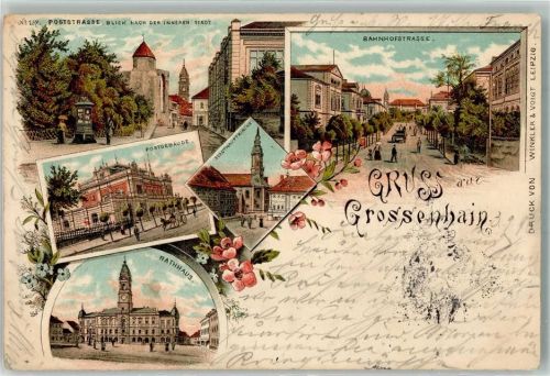 01558 O8280 Großenhain , Sachs 1896 Lithographie Rathaus Post Stadtkirche Poststraße Bahnhofstraße