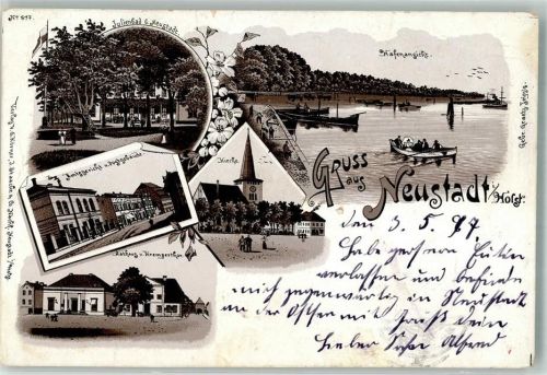 23730 W2430 Neustadt in Holstein 1897 Lithographie Amtsgericht Rathaus Julienbad Hafen