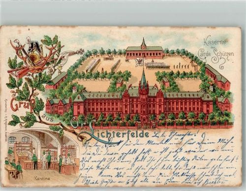 Lichterfelde 1904 Lithograpie Kaserne der Garde Schützen Kantine