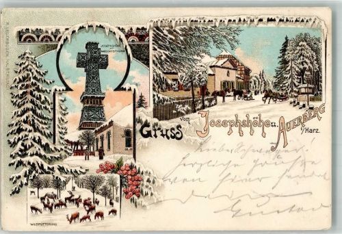 Mansfeld 1898 Winterlithographie Josephhöhe Auerberg Aussichtsturm Pferdeschlitten Wildlichtung