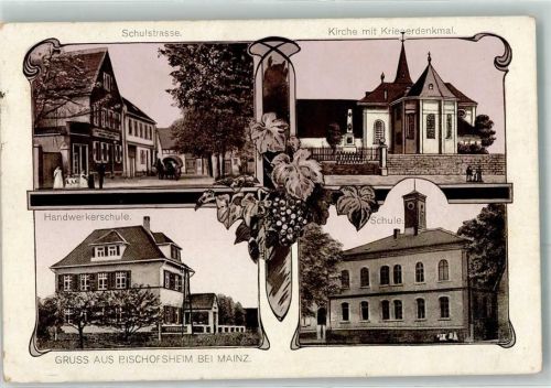 65474 W6094 Bischofsheim b Rüsselsheim 1918 - Schulstraße Kirche Kriegerdenkmal Handwerkerschule Schule