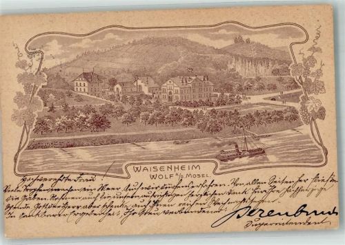 Wolf 1902 Lithograpie Waisenheim Moseldampfer Passepartout