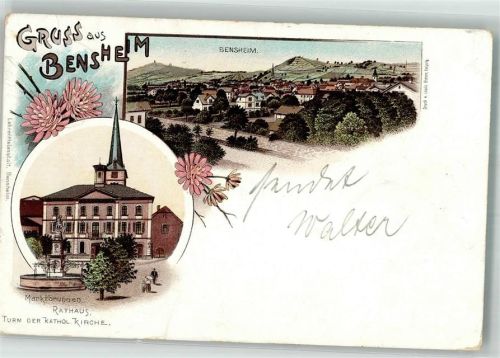 64625 W6140 Bensheim 1898 Lithographie Marktbrunnen Rathaus Kirchturm