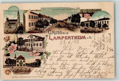 68623 W6840 Lampertheim , Hess 1897 Lithographie Ev. Kirche Kriegerdenkmal Hauptstraße Rentamt Alte Schulhäuser Gasthaus Rebstock Kath. Kirche