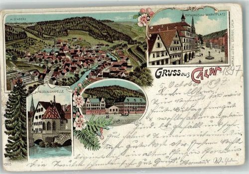 Calw 1897 Rathaus Handelsschule Nikolauskapelle