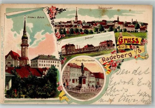 01454 O8142 Radeberg , Sachs Lithographie Bahnpost Dresden Bischofswerda Zittau Zug 828 3.5.07 Bahnhof König Albert Denkmal