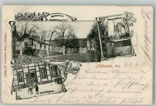 Lübbecke 1903 Die Försterei Rehkitz Gasthaus zum Weingarten Kriegerdenkmal
