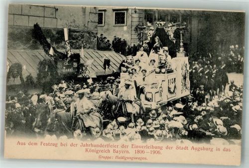 Augsburg 1906 Jahrhunderfeier der Einverleibung der Stadt Augsburg i. d. Königreich Bayern Festzug Huldigungswagen