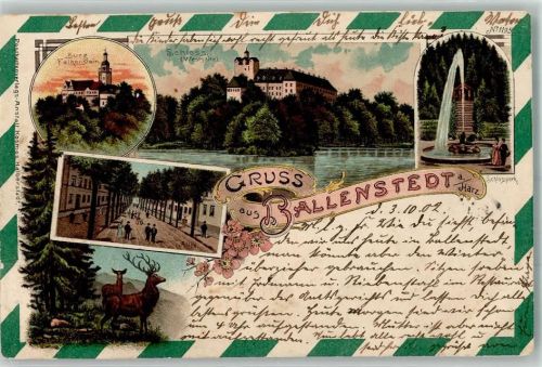 Ballenstedt 1902 Lithographie Burg Falkenstein Schlosspark