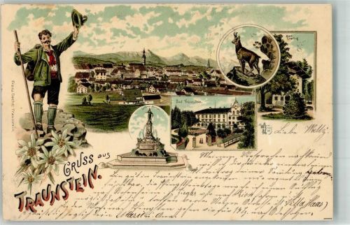 Traunstein 1897 Bayr. Wandersbursche Gämse Bad Empfing Luitpold-Brunnen Verlag Ottmar Zieher-München