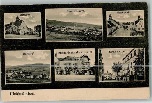 93449 W8494 Waldmünchen 1909 - Rathaus Bahnhof Kriegerdenkmal Mädchenschule Marktplatz