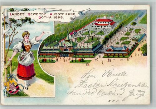 Gotha 1898 Lithographie Sonderstempel Landesgewerbe-Ausstellung 1898 Wappen Blumenmädchen Ausstellungsgelände