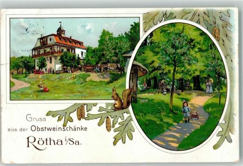 Rötha 1911 Eichhörnchen Tannenzapfen Obstweinschänke Waldweg