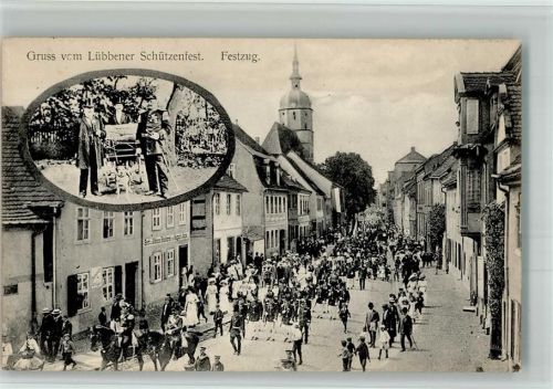 Lübben Foto AK Lübbener Schützenfest Festzug Drehorgelspieler