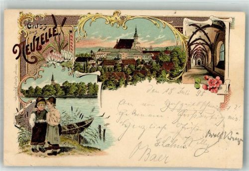 Neuzelle 1898 Kinder am Bootsteich Kreuzgang Verlag Ottmar Zieher-München Bahnpost Berlin-Breslau Zug 224