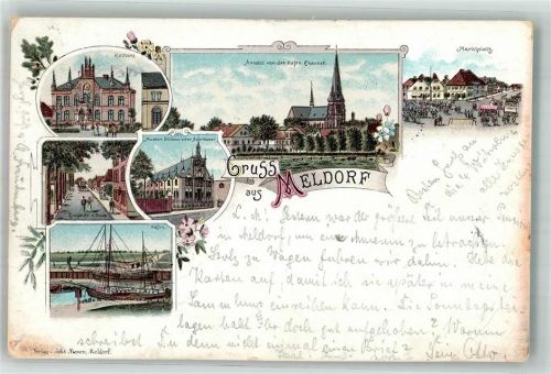 Meldorf 1897 Lithographie Rathaus Marktplatz Hafen Zingelstrasse