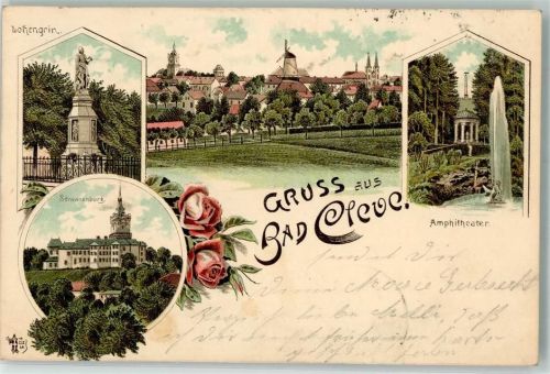 47533 W4190 Kleve , Niederrhein 1897 Lithographie Rosenköpfe Schwanenburg Lohengrin-Denkmal Windmühle Amphitheater