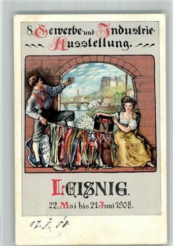 Leisnig sign Georg Müller 8. Gewerbe- und Industrie- Ausstellung 1908 Wappen Lithographie