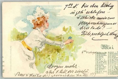 1899 Verlag Karl Stücker Monat Mai, Frau Vergissmeinnicht, Jugendstil Adelskorrespondenz