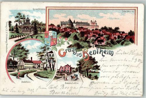Bad Bentheim 1900 Lithographie Stadtwappen Badehaus Gesundbrunnen Bahnhof-Allee Burg Bentheim
